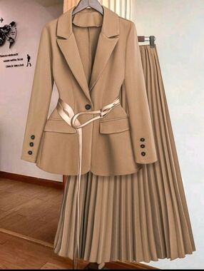 Women's Beige Pleated Skirt with Matching Blazer Set